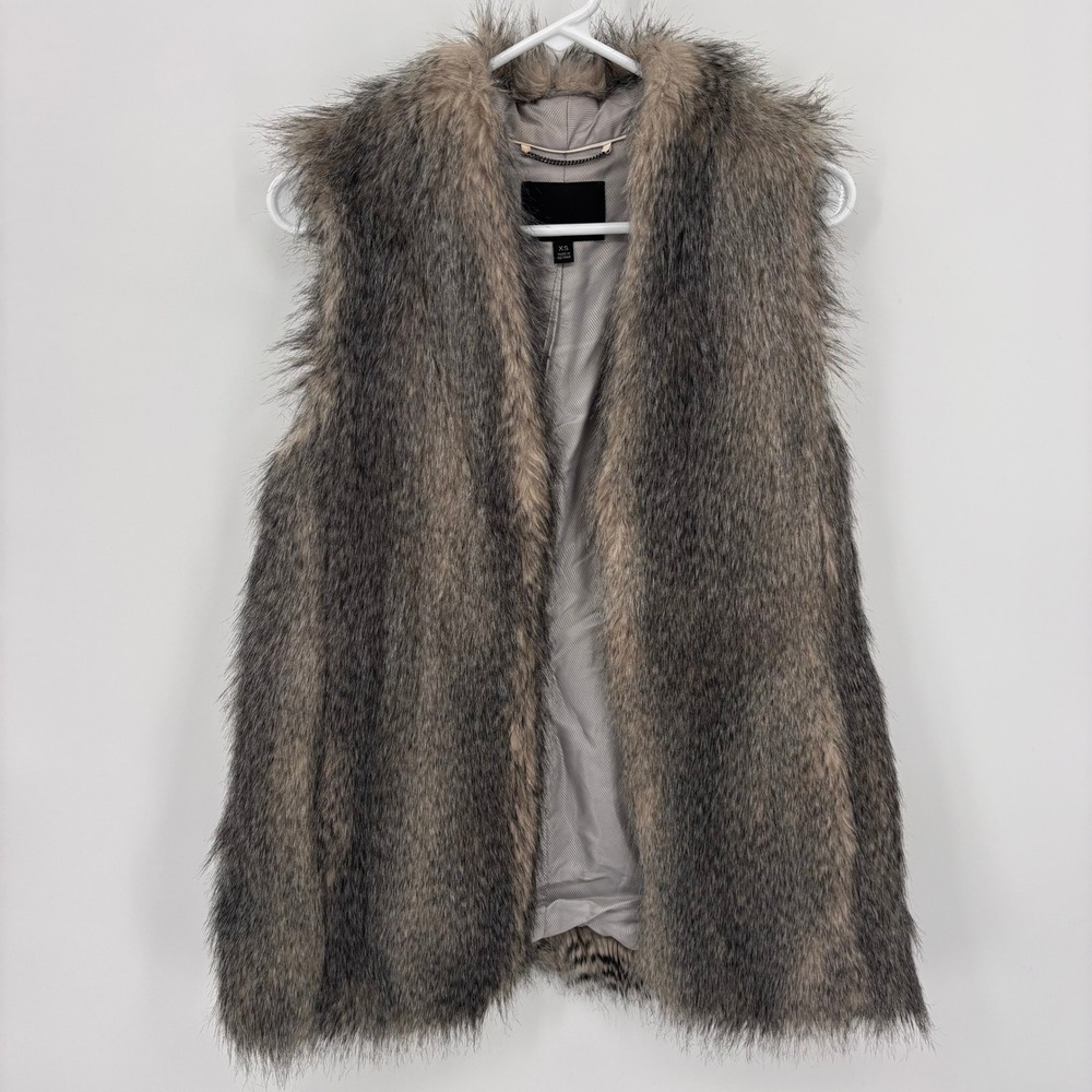 Banana Republic Faux Fur Vest Women XS Grey Brown Excellent Open Front Lined